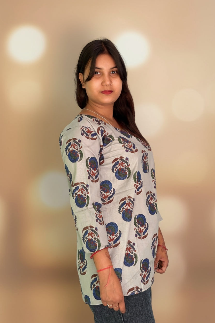 Floral Block-Print Cotton Short Kurti