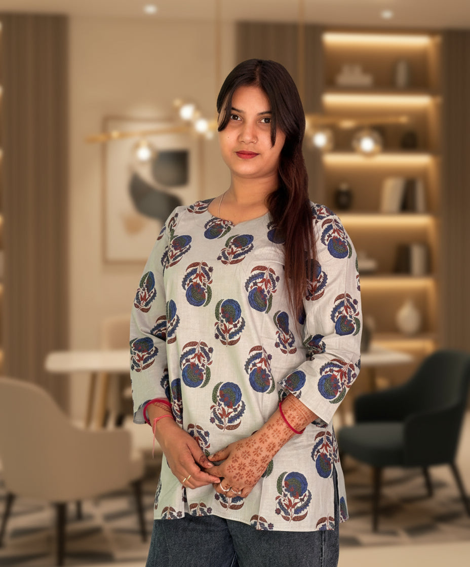 Floral Block-Print Cotton Short Kurti