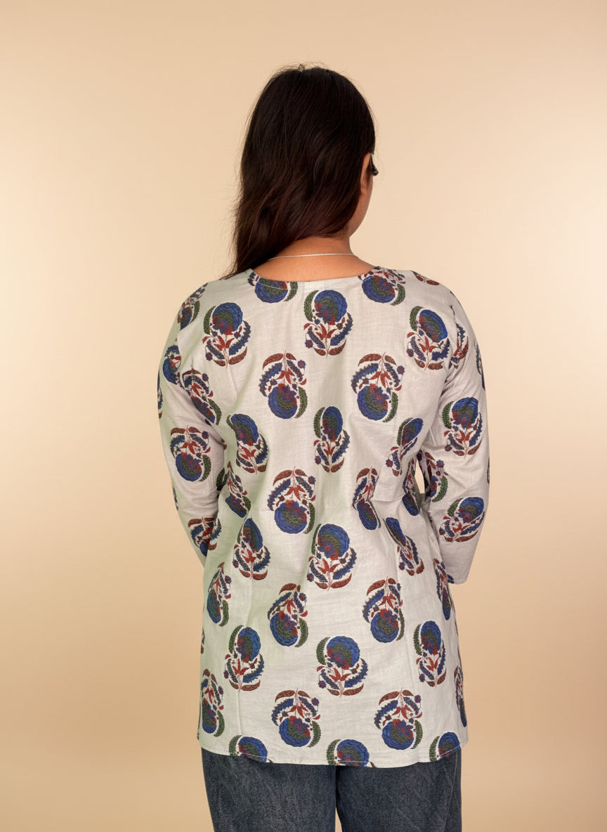 Floral Block-Print Cotton Short Kurti