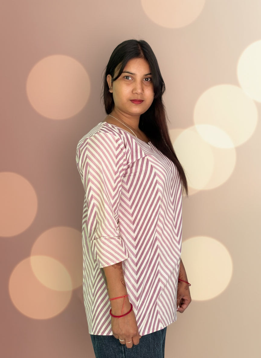 Women's Mauve & White Chevron Striped Cotton Kurti