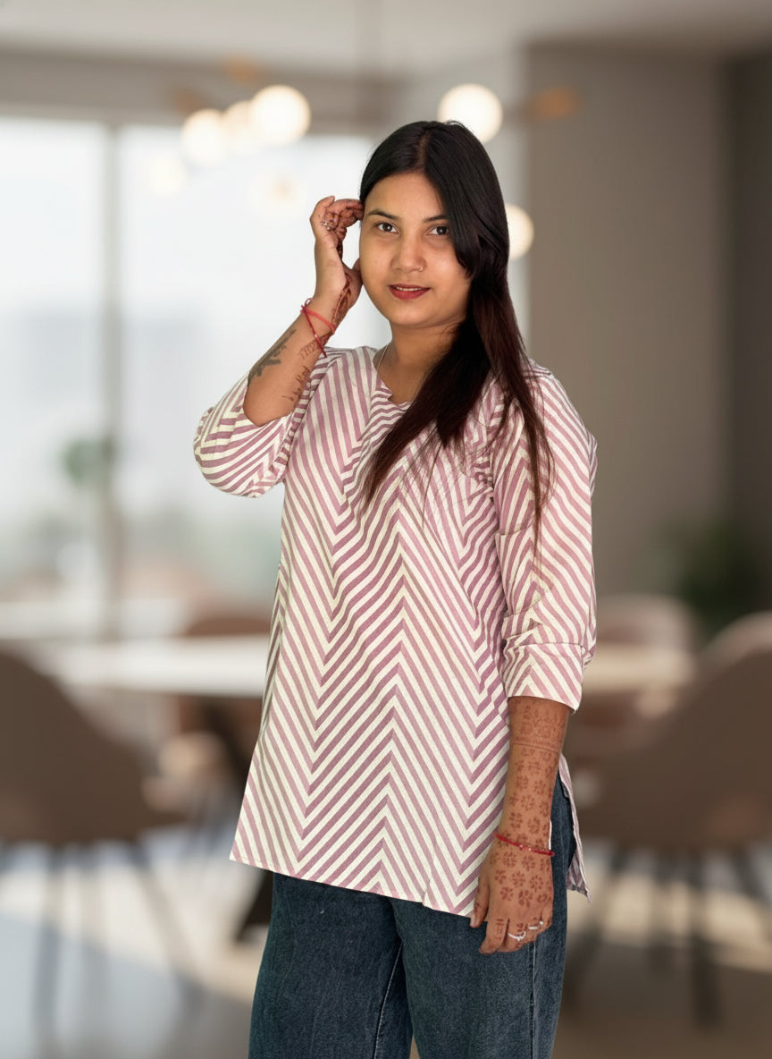 Women's Mauve & White Chevron Striped Cotton Kurti