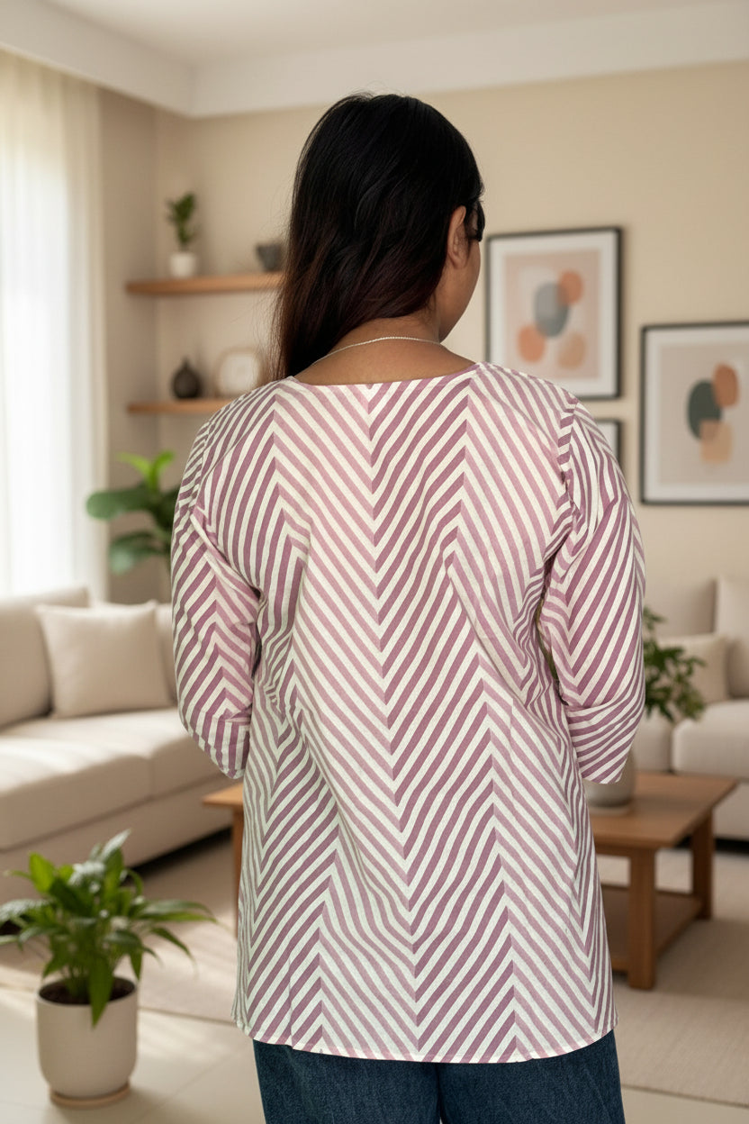 Women's Mauve & White Chevron Striped Cotton Kurti