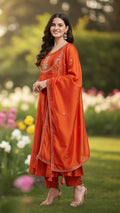 Embroidered Orange Anarkali Kurta Set With Dupatta