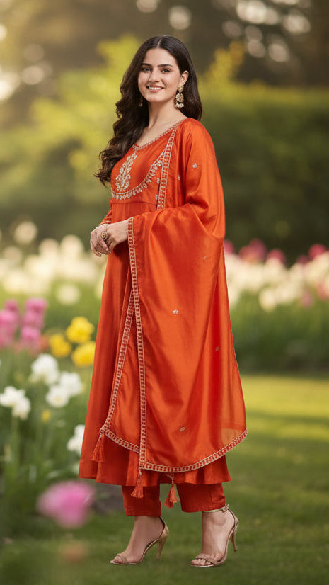 Embroidered Orange Anarkali Kurta Set With Dupatta