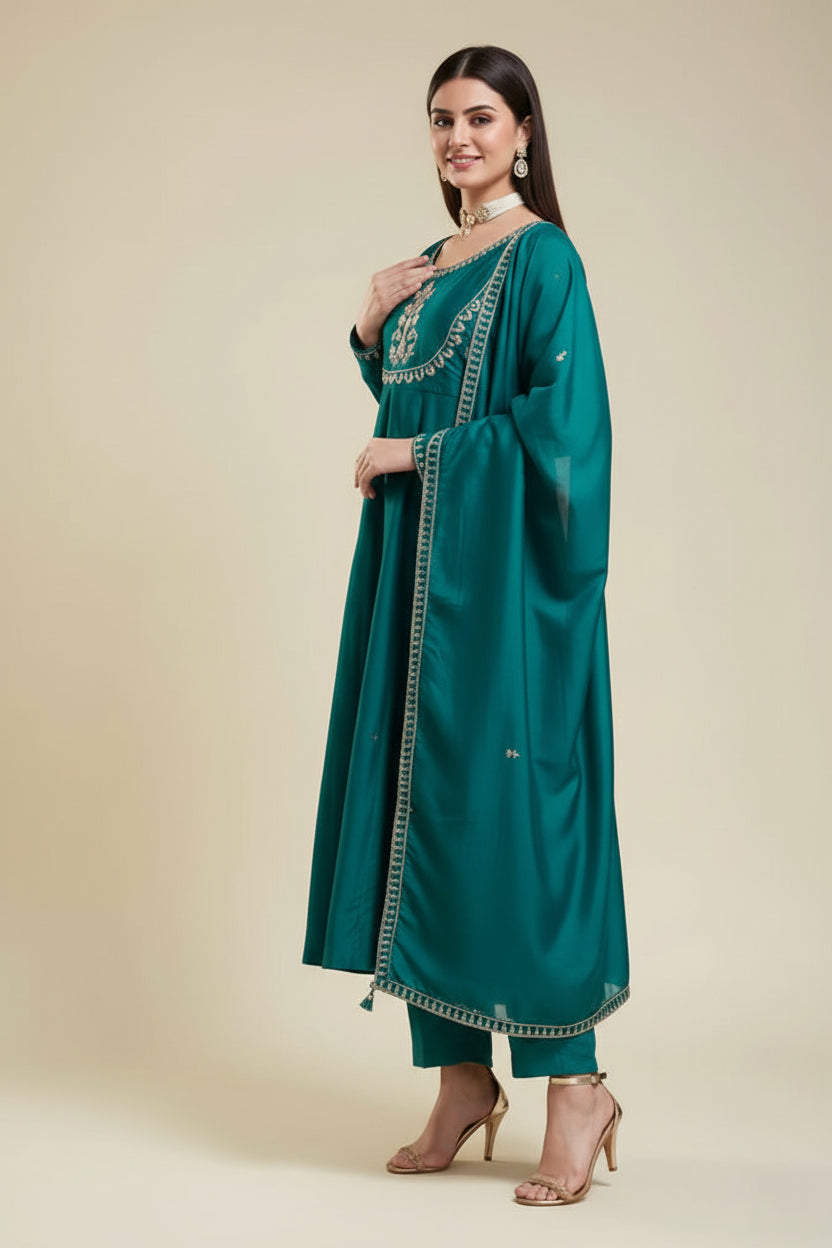 Embroidered Rama Anarkali Kurta Set with Dupatta