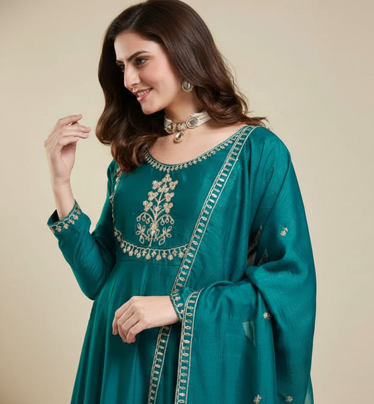 Embroidered Rama Anarkali Kurta Set with Dupatta