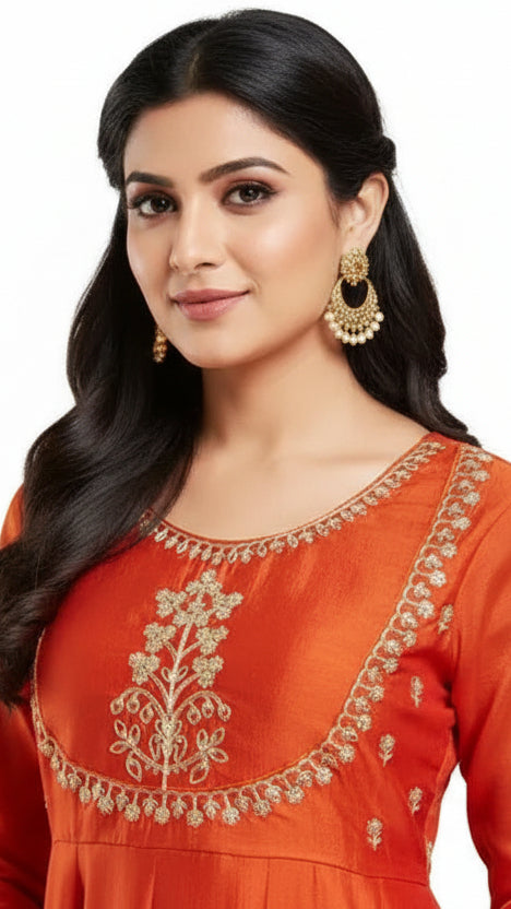 Embroidered Orange Anarkali Kurta Set With Dupatta