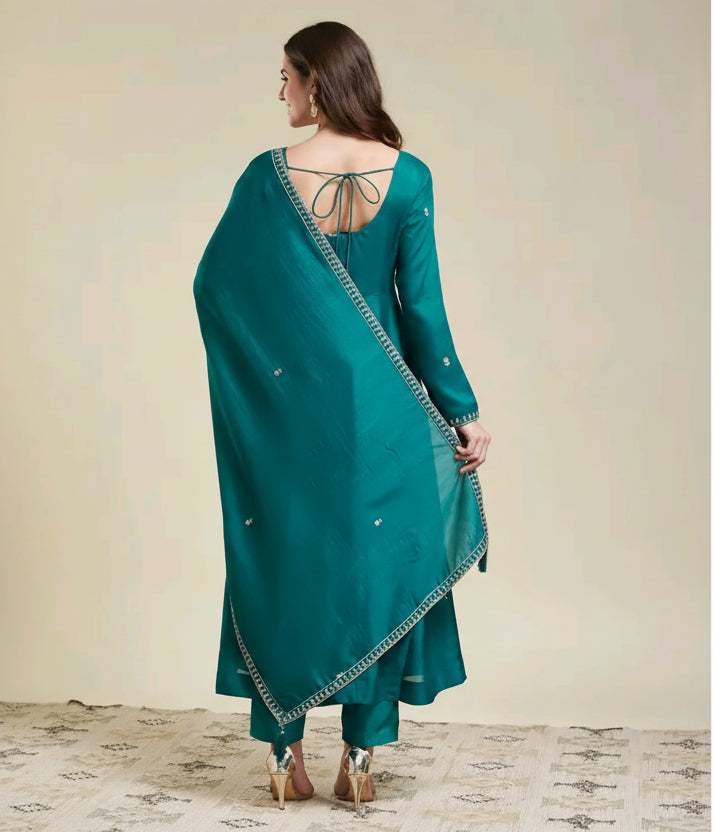 Embroidered Rama Anarkali Kurta Set with Dupatta