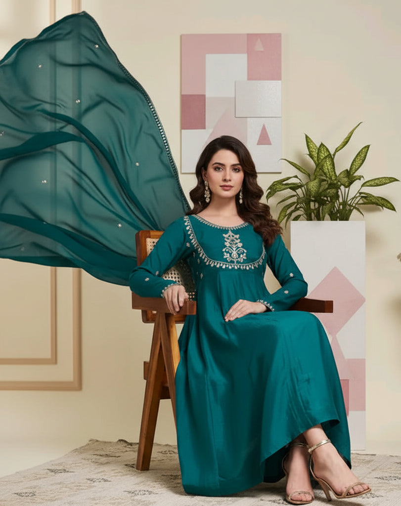 Embroidered Rama Anarkali Kurta Set with Dupatta