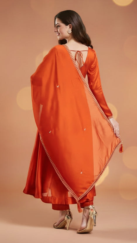 Embroidered Orange Anarkali Kurta Set With Dupatta