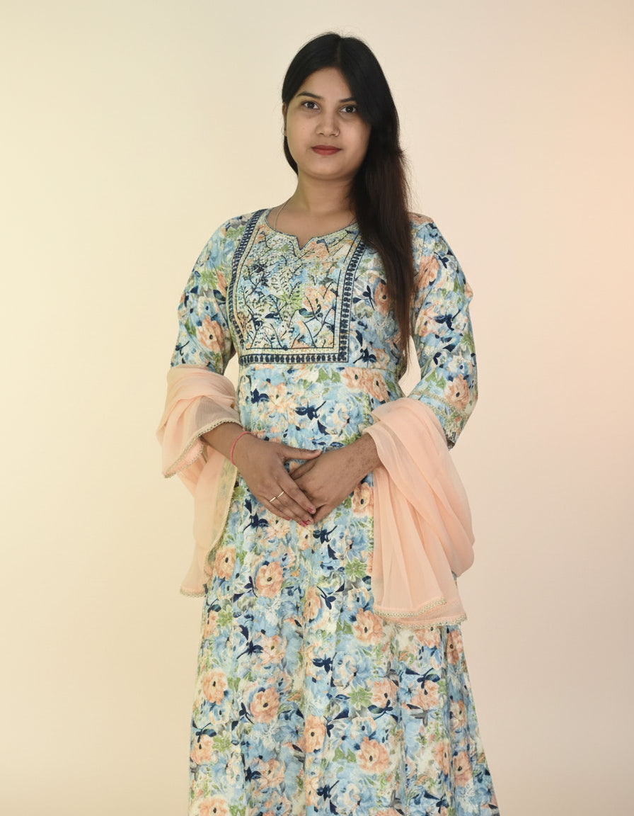 Zam Cotton Anarkali Suit Set with Peach Chiffon Dupatta