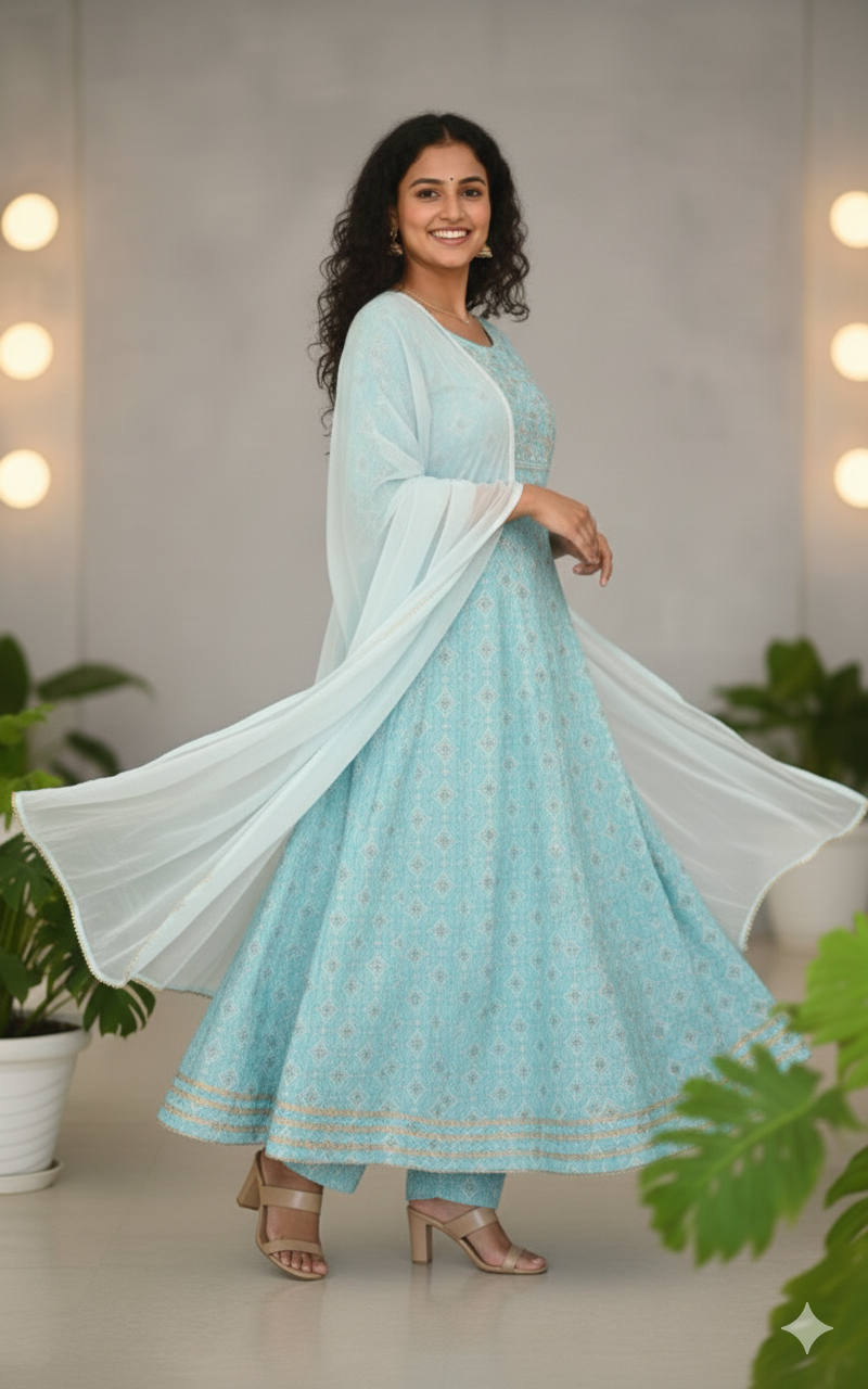 Elegant Sky Blue Anarkali Suit Set with Dupatta