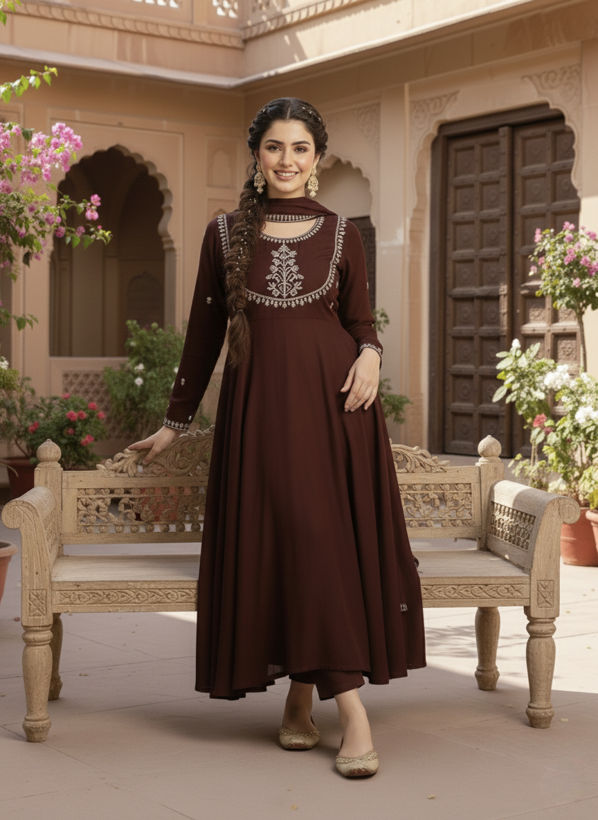 Traditional Embroidered Coffee Anarkali Kurta Set with Dupatta