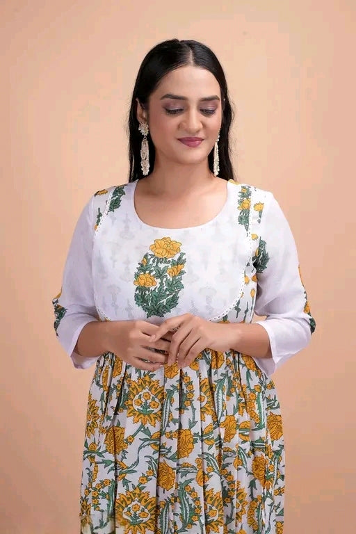 Anarkali Yellow Floral cotton  Printed Kurta Set for Women