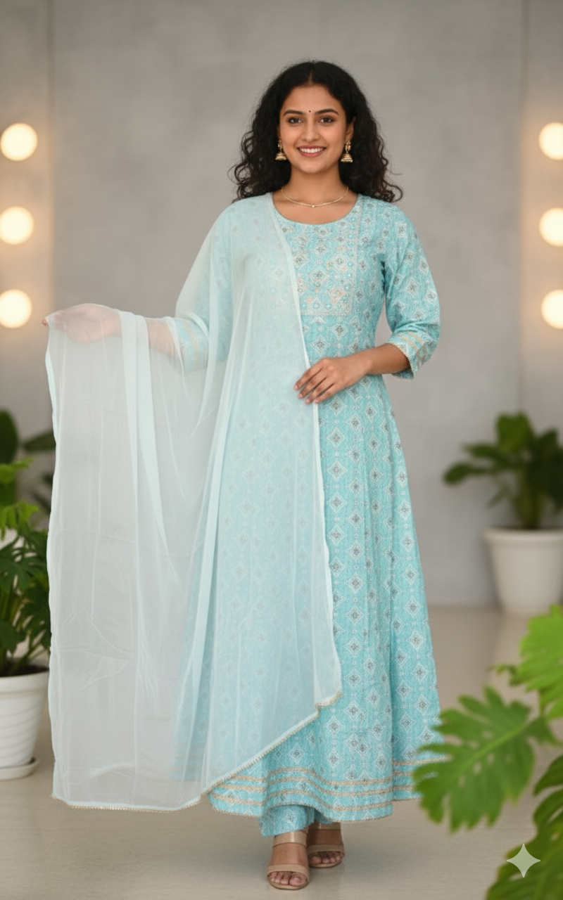 Elegant Sky Blue Anarkali Suit Set with Dupatta