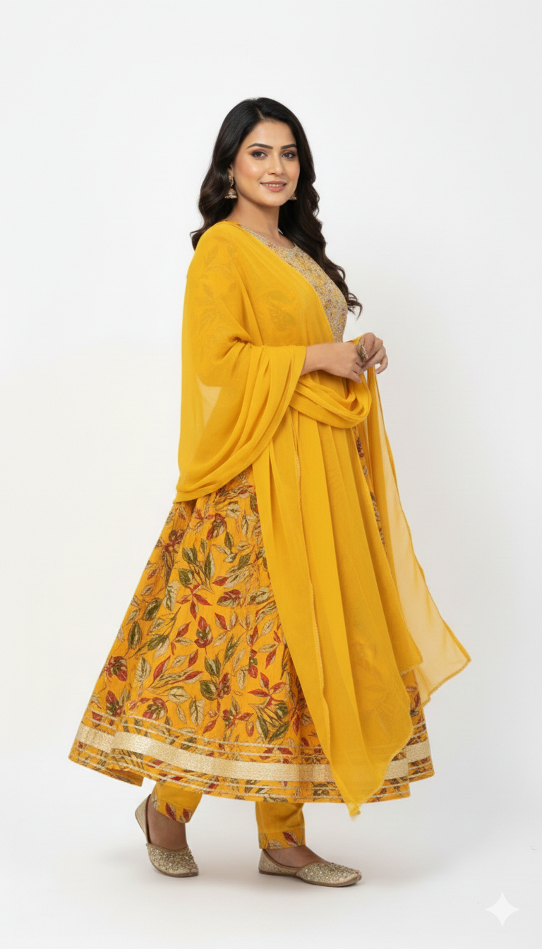 Yellow Floral Print Anarkali Kurta Set with Dupatta