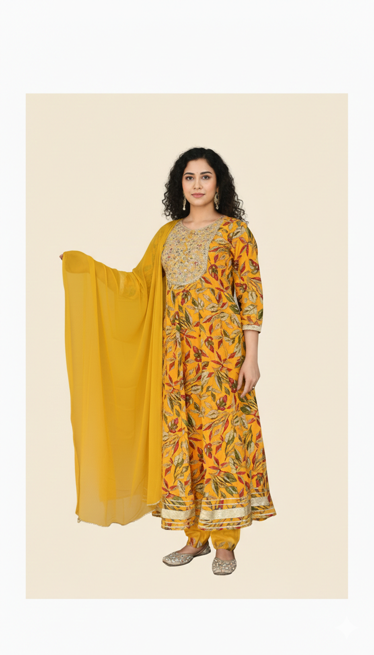 Yellow Floral Print Anarkali Kurta Set with Dupatta