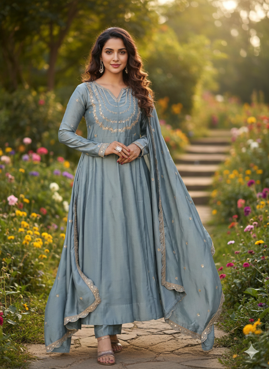 Women's Silk Anarkali set with Dupatta