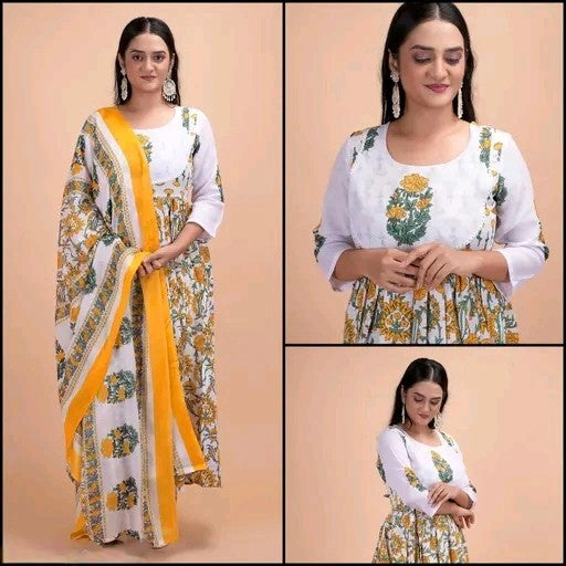 Anarkali Yellow Floral cotton  Printed Kurta Set for Women