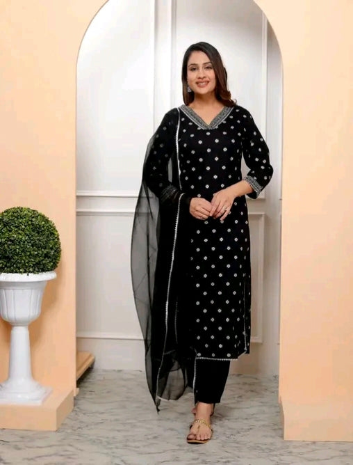 Black Rayon Bandhani Print kurta & pant with dupatta