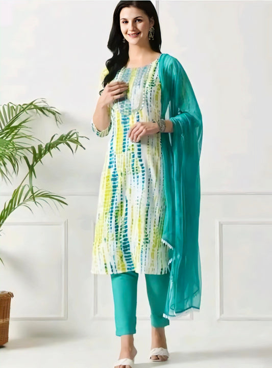 Green yoke design Kurta with Trousers with dupatta set