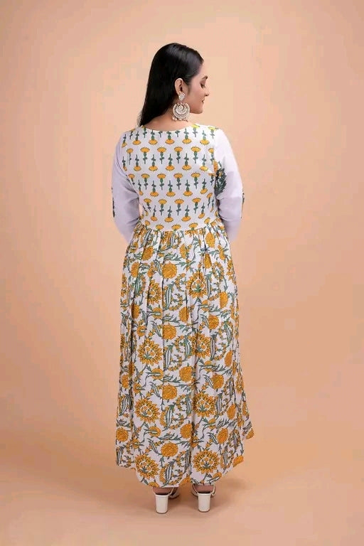 Anarkali Yellow Floral cotton  Printed Kurta Set for Women