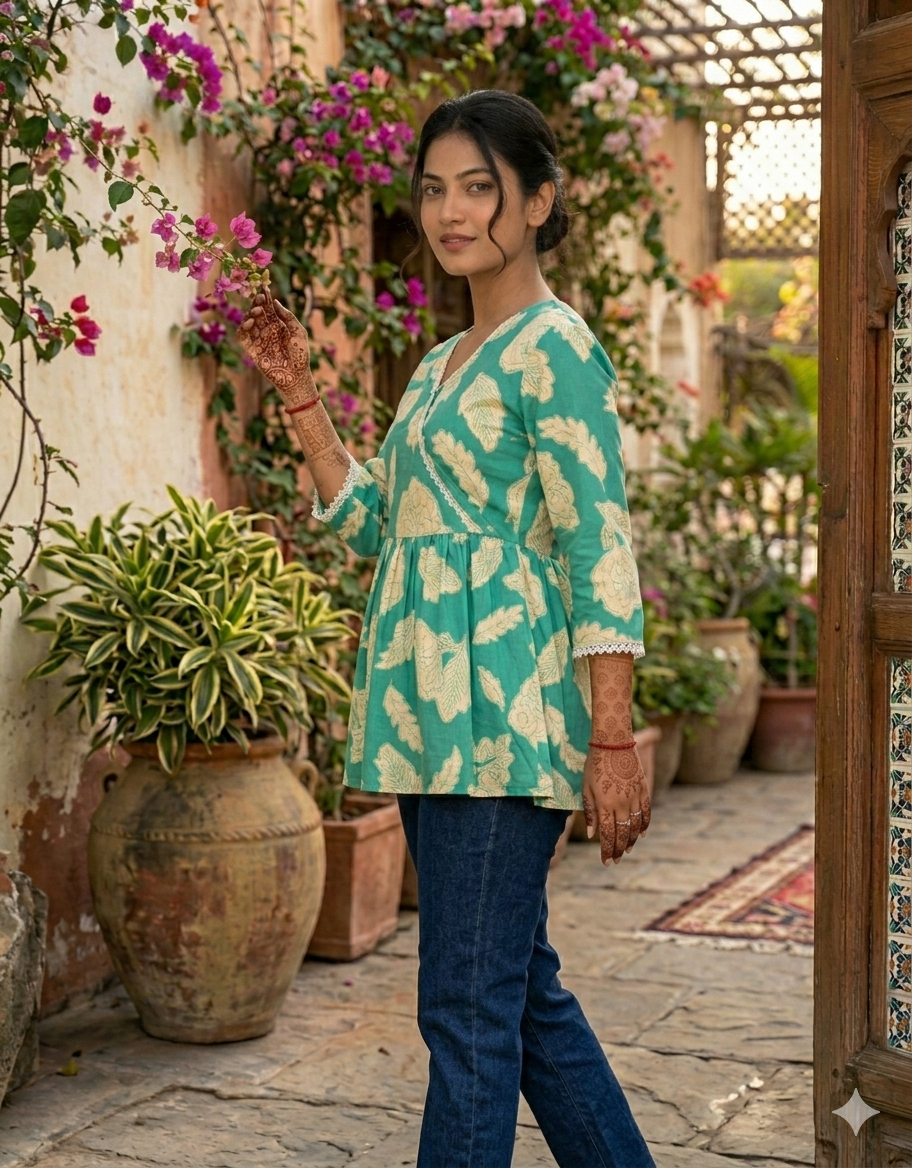 Sage Green Floral Blossom Angrakha Kurti