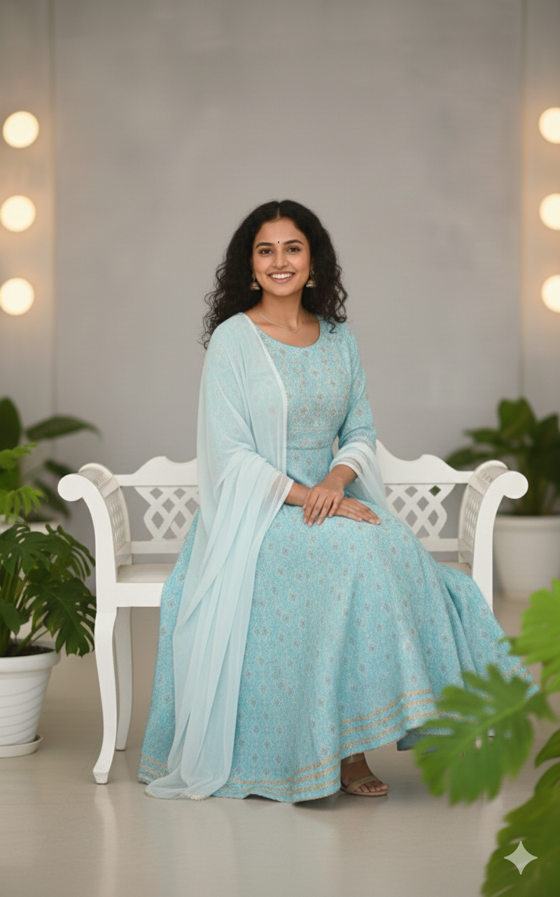 Elegant Sky Blue Anarkali Suit Set with Dupatta