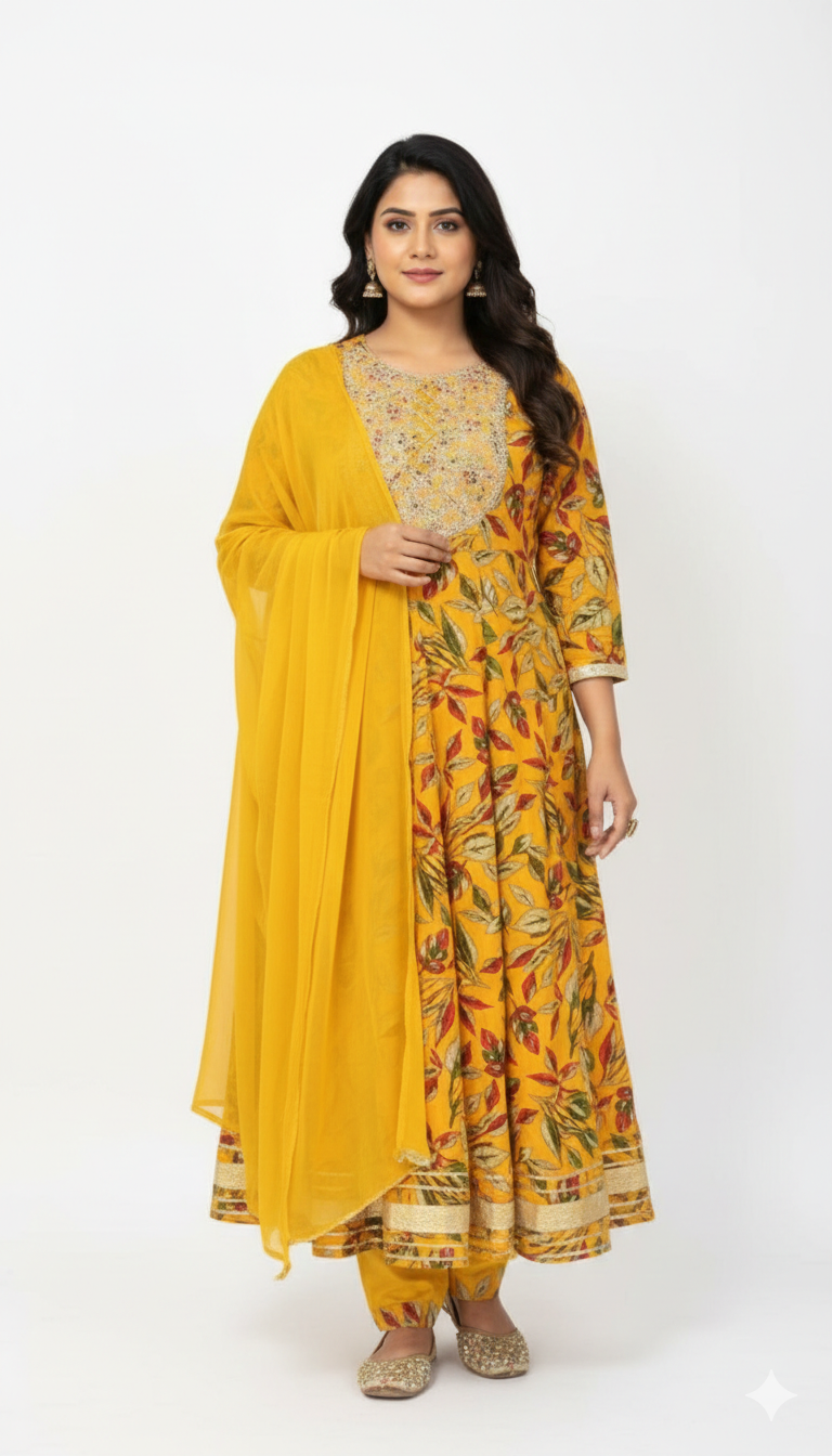 Yellow Floral Print Anarkali Kurta Set with Dupatta