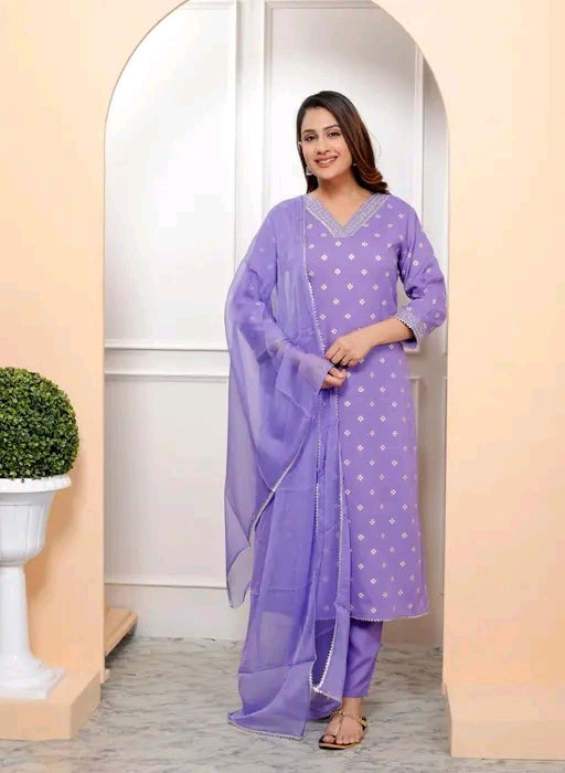 Purple Rayon Bandhani Print Straight Embroidered Lace Work Women Kurta pant with dupatta