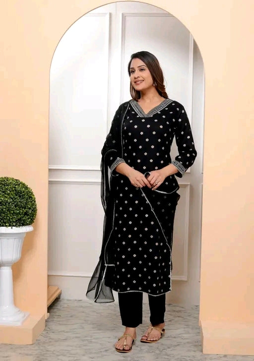 Black Rayon Bandhani Print kurta & pant with dupatta