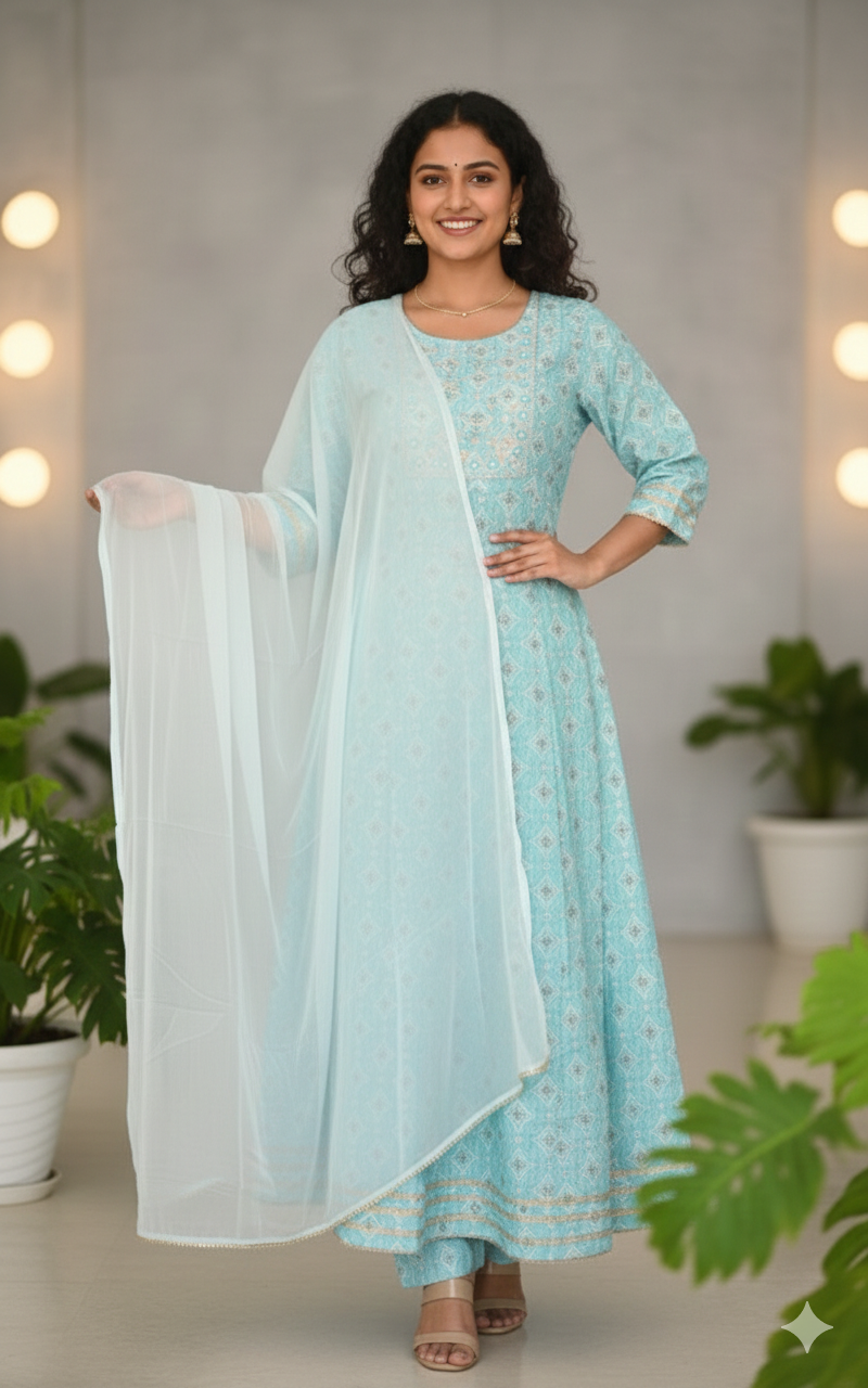Elegant Sky Blue Anarkali Suit Set with Dupatta