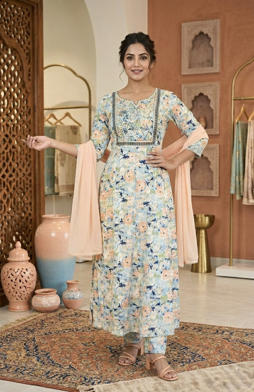 Zam Cotton Anarkali Suit Set with Peach Chiffon Dupatta