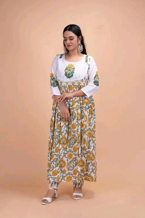 Anarkali Yellow Floral cotton  Printed Kurta Set for Women