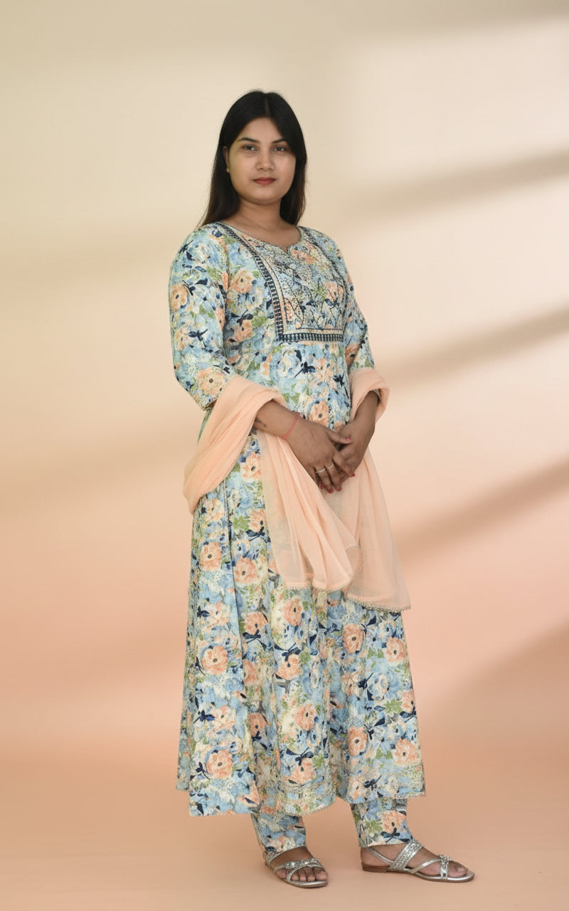 Zam Cotton Anarkali Suit Set with Peach Chiffon Dupatta