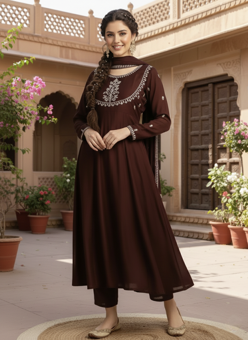 Traditional Embroidered Coffee Anarkali Kurta Set with Dupatta