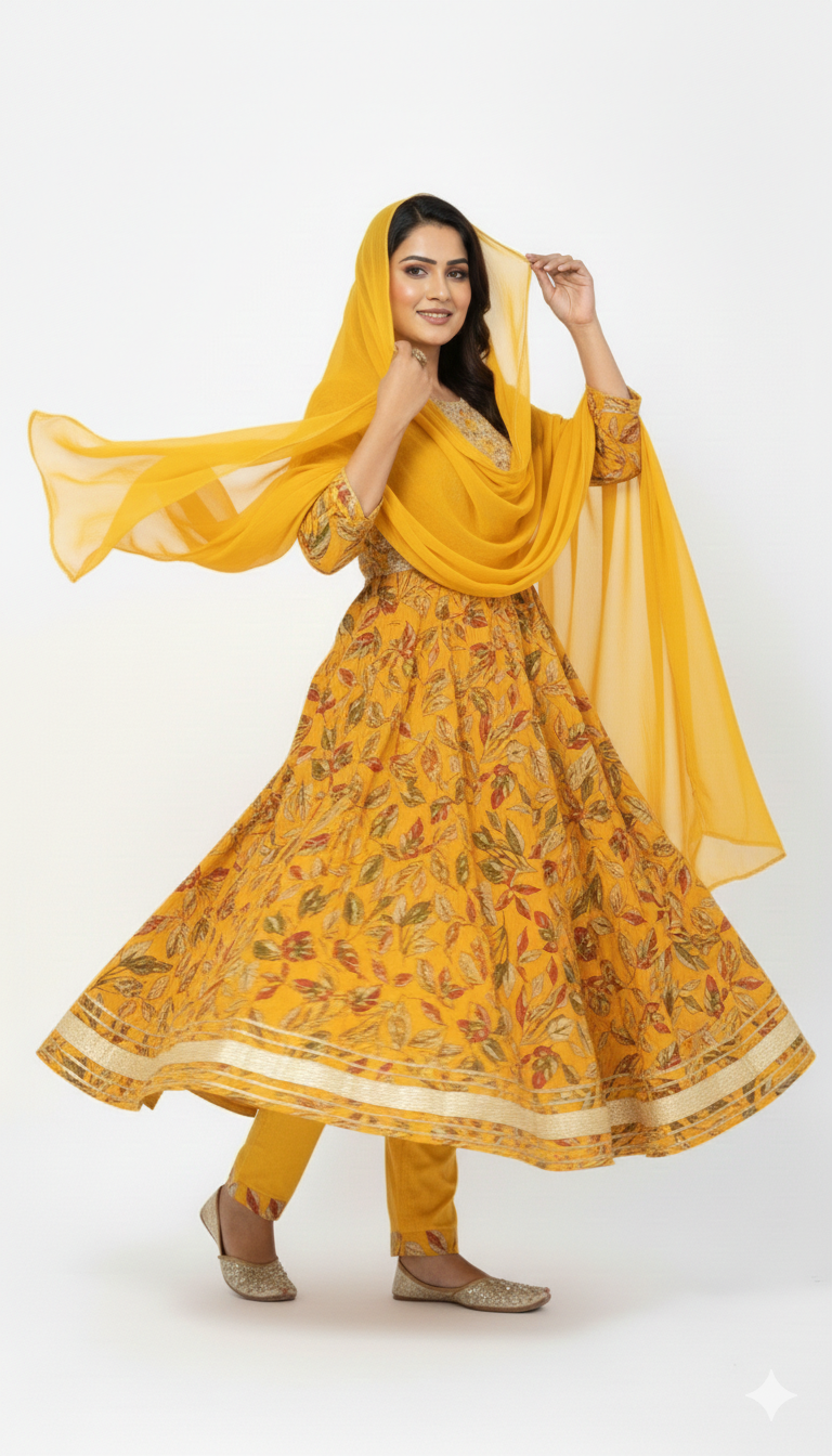Yellow Floral Print Anarkali Kurta Set with Dupatta