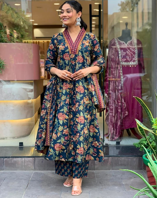 Blue Anarkali Kurta Dupatta Palazzo Set