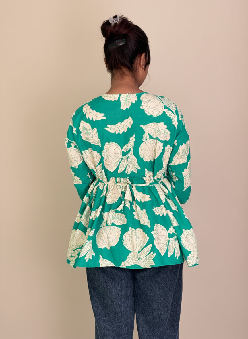 Sage Green Floral Blossom Angrakha Kurti