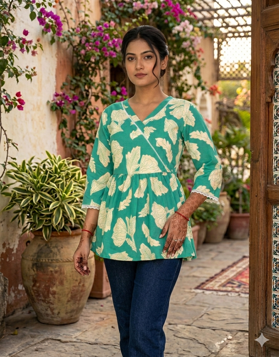 Sage Green Floral Blossom Angrakha Kurti