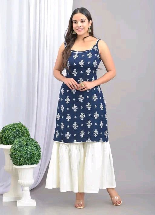Clothy N Wave Women's Rayon Printed Straight Kurta Sharara Set