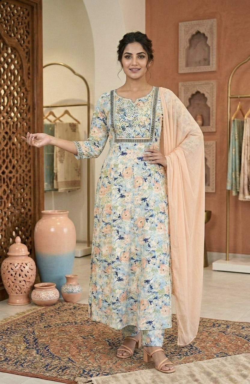 Zam Cotton Anarkali Suit Set with Peach Chiffon Dupatta