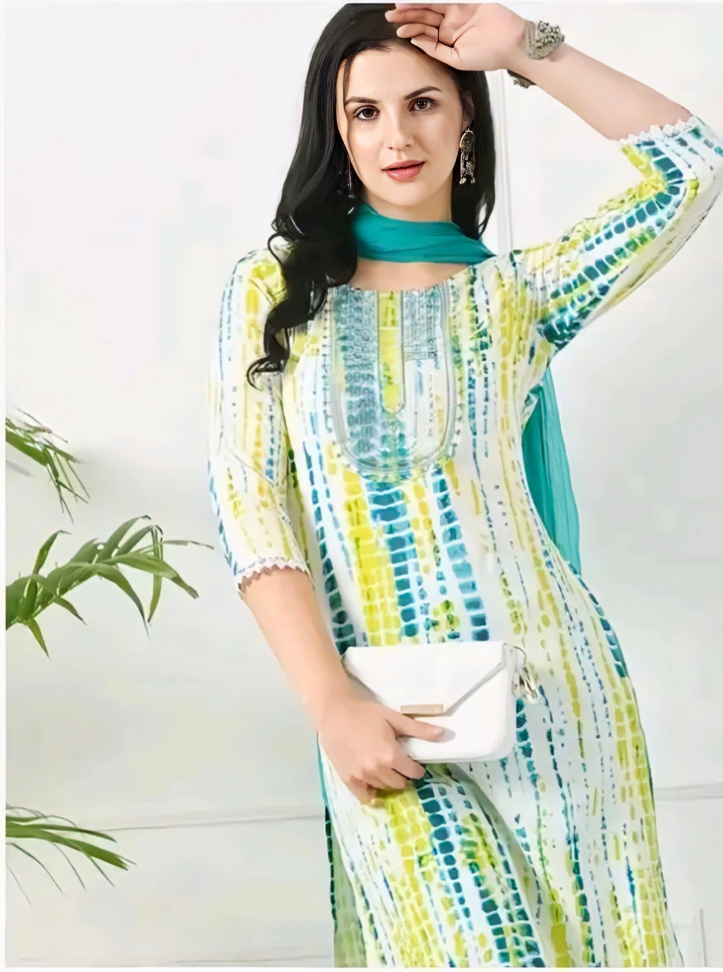Green yoke design Kurta with Trousers with dupatta set