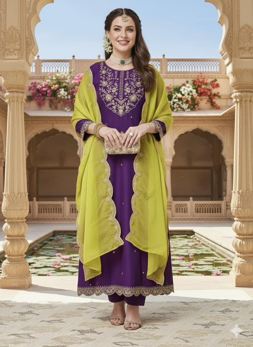 Silk Embroidered Kurta Set With Dupatta