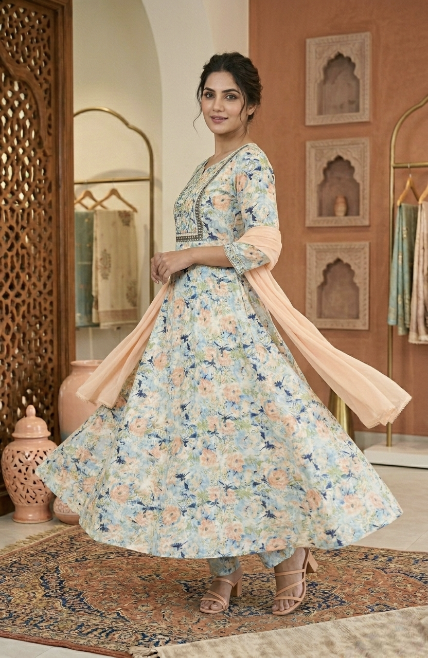Zam Cotton Anarkali Suit Set with Peach Chiffon Dupatta