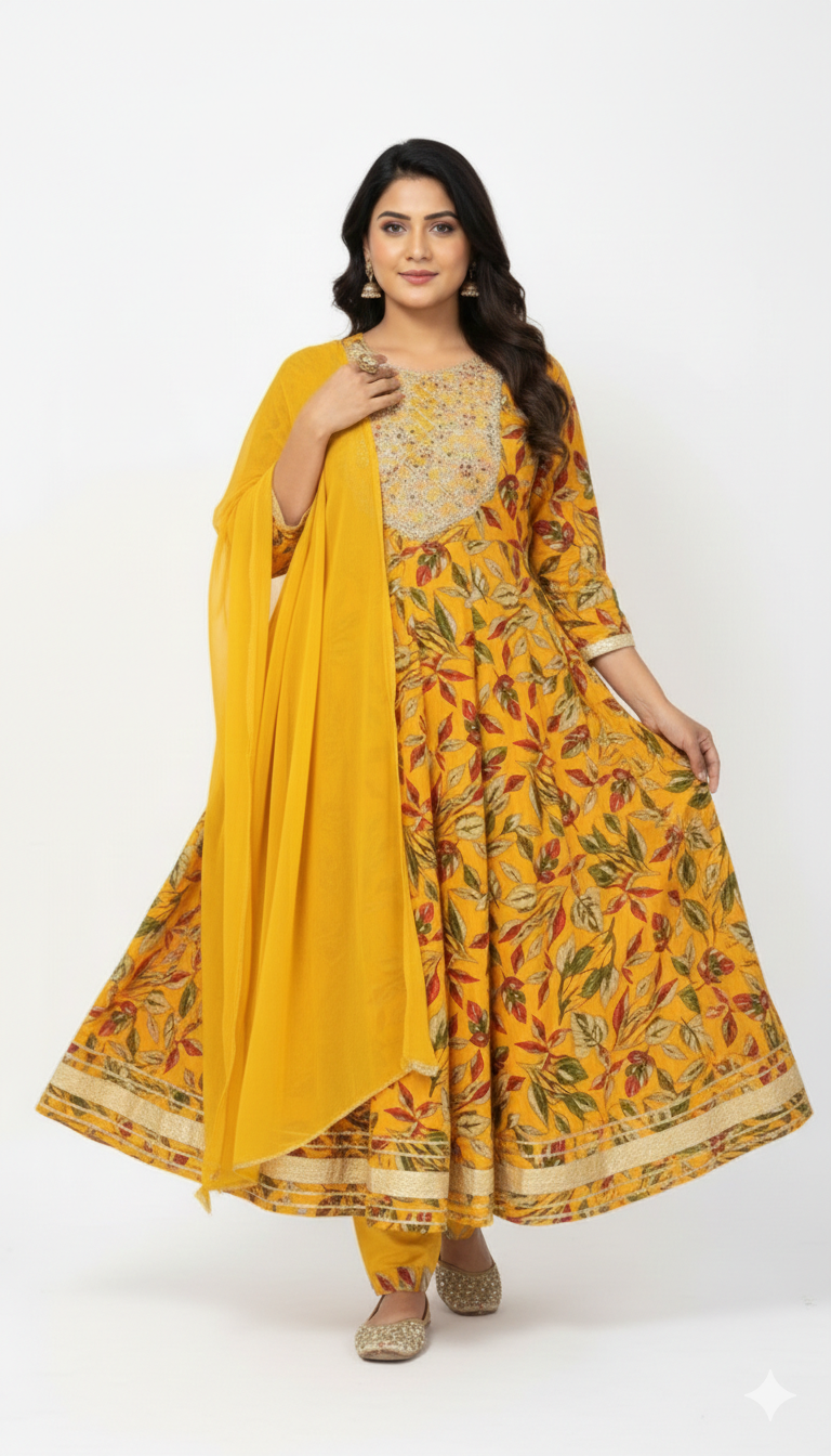 Yellow Floral Print Anarkali Kurta Set with Dupatta