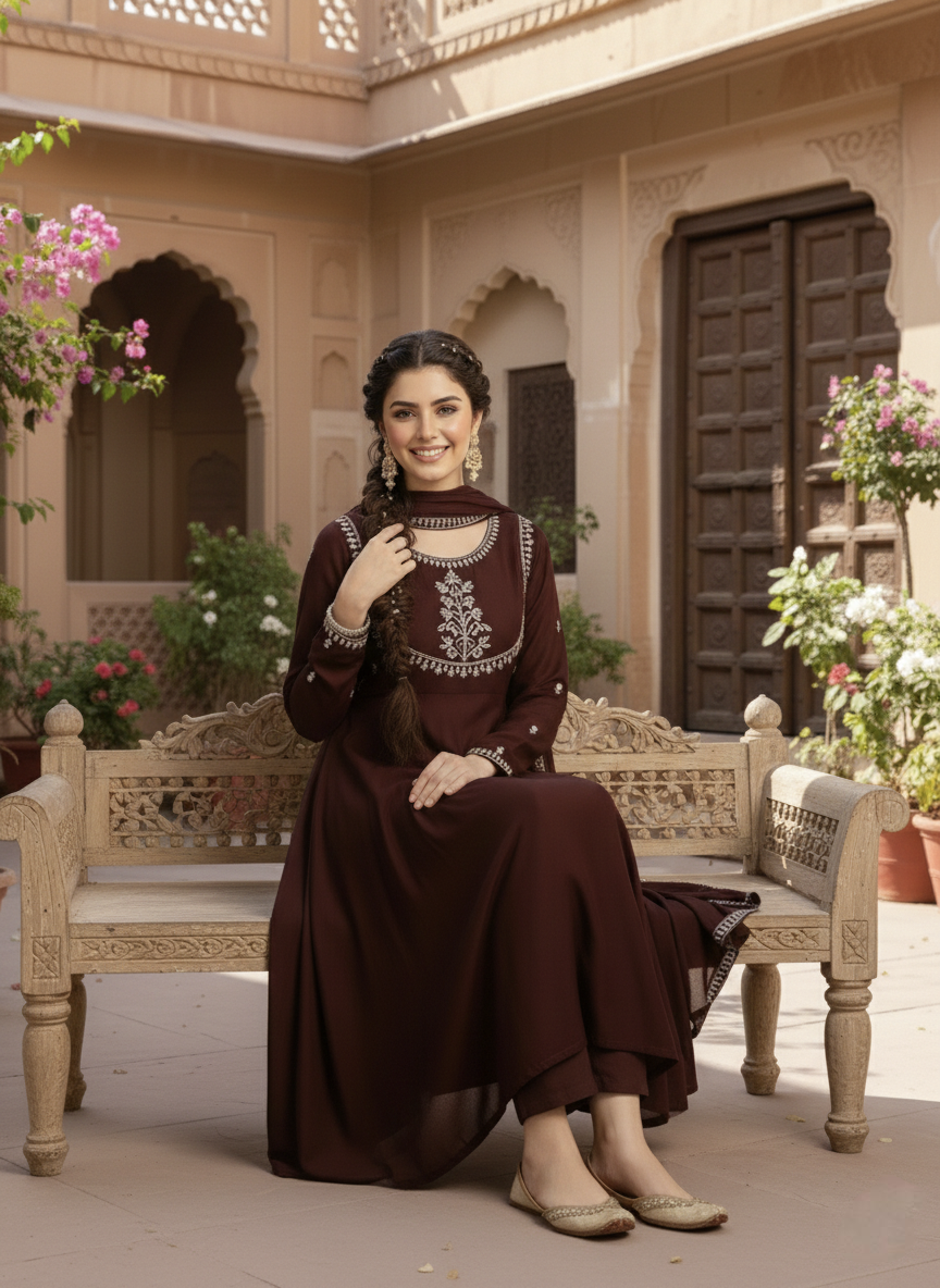 Traditional Embroidered Coffee Anarkali Kurta Set with Dupatta