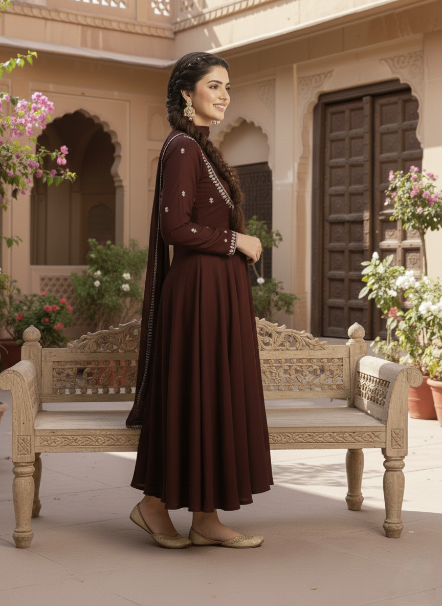 Traditional Embroidered Coffee Anarkali Kurta Set with Dupatta
